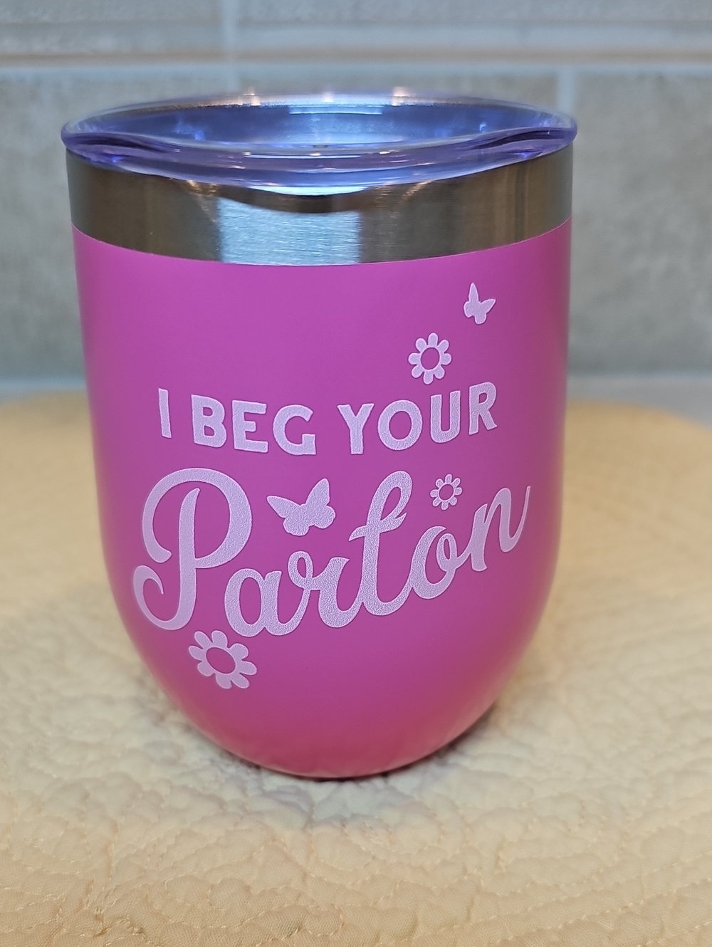 Dolly Parton Vibrant Pink 12oz. Stemless Wine Tumbler "I Beg Your Parton"